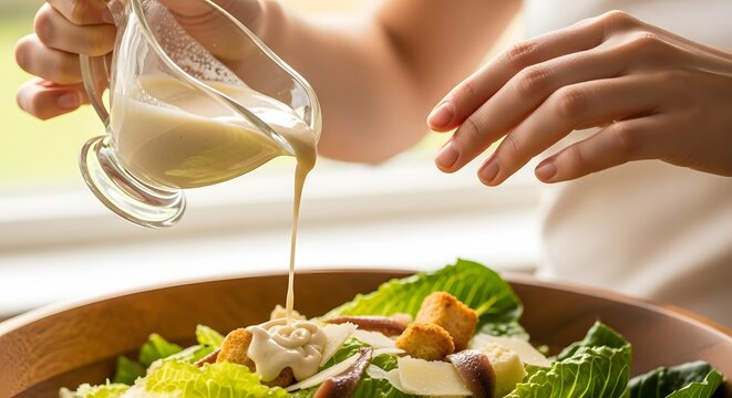 A person's hands pouring creamy dressing from a glass gravy boat onto a fresh Caesar salad in a wooden bowl. - Powered by Adobe