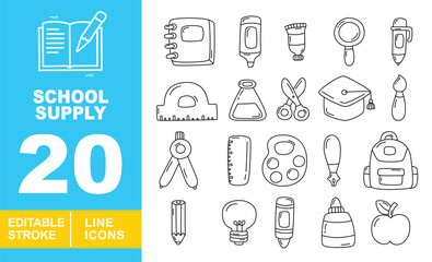 School Supply line icon set. Notebook, marker, paint, magnifier, pen, protractor, flask, scissors, cap, brush, compass, ruler, palette, ink, backpack, pencil. Editable stroke icons collection.