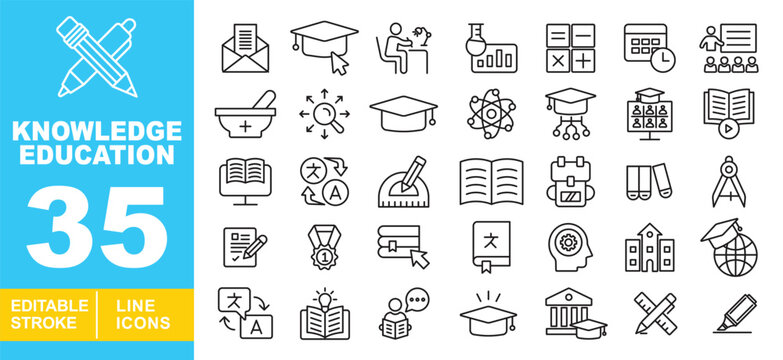 Knowledge Education line icon set. Envelope, cap, student, chart, calculator, calendar, group, mortar, search, atom, connections, video, compass, book, translate. Editable stroke icons collection.
