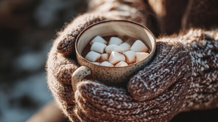 Close-up of hands in thick knitted mittens holding a steaming mug of hot chocolate and marshmallows outdoors in winter sunlight.
