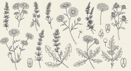 Botanical Illustration of Various Flowers and Plants, Line Art.