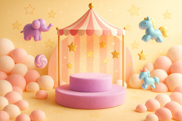 merry go round birthday. Whimsical Circus Podium with Marshmallows and Balloons – Kids Pastel Scene