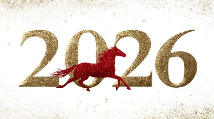 Golden glitter 2026 numbers with a running red horse silhouette on a white background. Greeting card