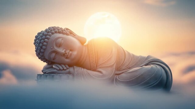 A Serene Reclining Buddha Statue Sleeping Peacefully on a Lotus Above Ethereal Clouds with a Glowing Sun