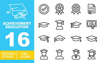 Achievement Education line icon set. Checkmark, ribbon, award, document, cap, graduate, tassel, certificate, hat, mortarboard, academic, student, scholar, professor. Editable stroke icons collection.