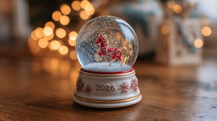 Christmas snow globe with a miniature red horse and the number 2026 against festive lights.
