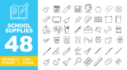 School Supplies line icon set. Binderclip, calendar, marker, calculator, globe, apple, eraser, basketball, stapler, monitor, bell, thumbtack, protractor, book, house. Editable stroke icons collection.