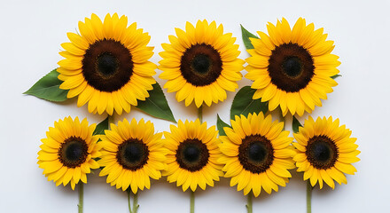 A cheerful collection of eight yellow sunflowers with green leaves arranged in two rows on a white background.