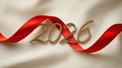 The year 2026 written in golden numbers entwined with a flowing red satin ribbon on a textured white silk background.