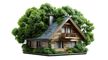 Fototapeta premium Eco-Friendly Cabin: A rustic wooden cabin nestles amidst lush green foliage, illustrating sustainable living and harmony with nature.