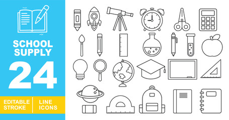 School Supply line icon set. Crayon, rocket, telescope, alarm, scissors, calculator, brush, pencil, ruler, flask, pen, testtube, apple, lightbulb, magnifier, globe. Editable stroke icons collection.