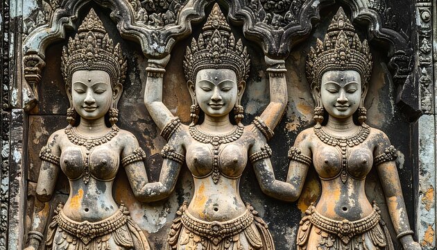Carved stone figures, ancient Khmer temple bas-relief