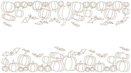 An outline drawing of pumpkins and bats arranged in rows at the top and bottom of the image area