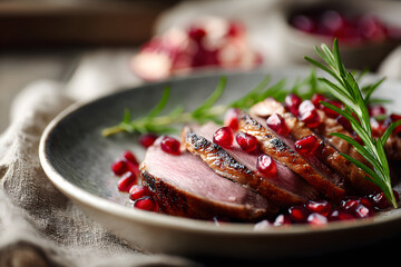 A beautifully plated dish featuring tender roast duck, bright pomegranate seeds, and a touch of rosemary, evoking culinary delight.