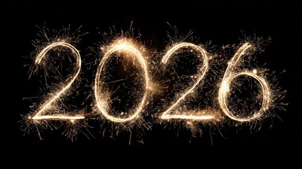 Sparkling numbers 2026 made of golden sparklers on a black background. A symbol of New Year and festive night.