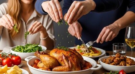People preparing and enjoying a delicious roasted chicken dinner with various side dishes.