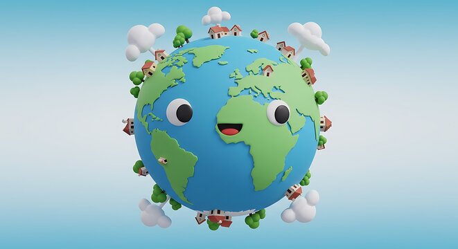 Cartoon Earth Globe with Houses, Trees, and Clouds on Blue Background - Powered by Adobe