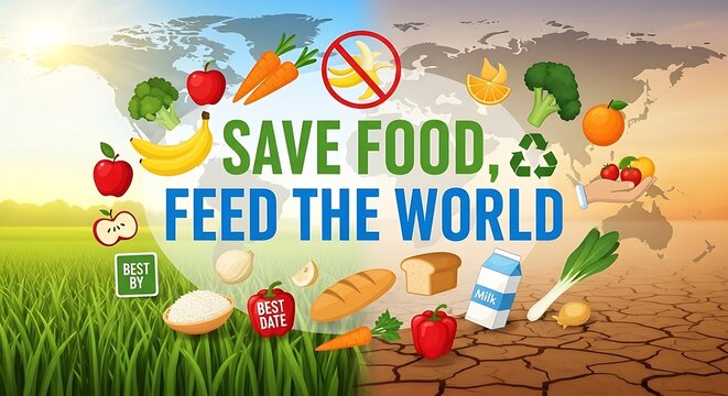 Save food feed the world message with fruits vegetables and earth map background illustration concept - Powered by Adobe