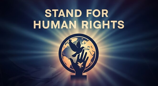 Stand for human rights text with world globe hand and dove silhouettes on radiant blue background
