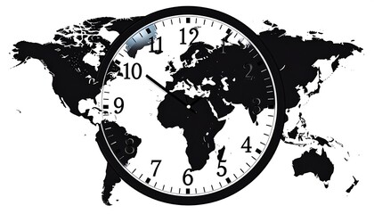 A global timepiece, with the world map subtly positioned around a black clock face, signifying the interconnectedness of time across different regions.