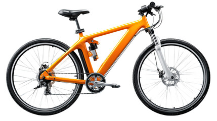 Fototapeta premium Electric Mountain Bike: Modern electric mountain bike, boasting a vibrant orange frame, innovative suspension system, ready for an exhilarating off-road adventure.