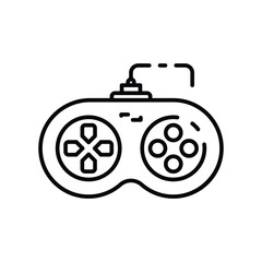 Black outline of a wired game controller with a directional pad and four buttons. Editable stroke icon