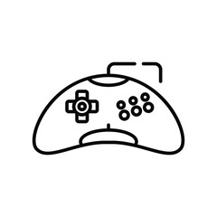 Black outline of a gamepadstyle controller with directional pad round buttons and a curved shape. Editable stroke icon