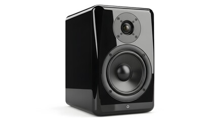 Black speaker with woofer and tweeter on white background.