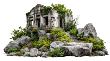 Ancient Ruins Enveloped: The stone ruins, draped in emerald greenery, tell a tale of time and resilience. Situated amidst a rocky terrain.