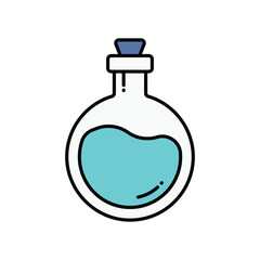 Potion in a round bottle with a stopper Light blue liquid inside Black outline