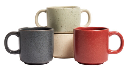 Set of four ceramic mugs with speckled finish, isolated on transparent background