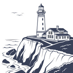Vector art of scenic lighthouse on a cliff overlooking the ocean, guiding ships and providing a beacon of hope for sailors, showcasing coastal beauty
