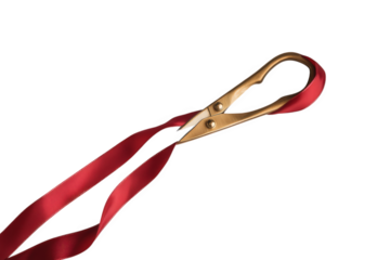Scissors cutting a red ribbon isolated on transparent background for ceremony