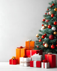 A vibrant Christmas tree adorned with ornaments beside beautifully wrapped gifts, evoking festive warmth and nostalgia.