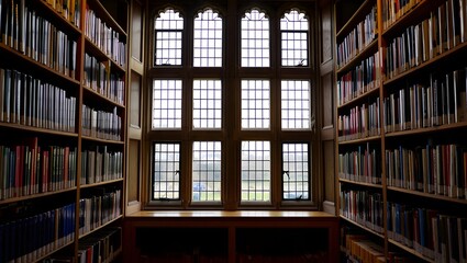 Library books and window with natural light illuminating knowledge and learning space