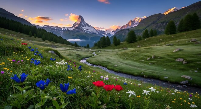 Alpine meadow at sunrise with Matterhorn