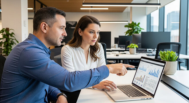 Two focused business professionals collaborating on a laptop screen displaying charts and graphs in a modern office environment - Powered by Adobe
