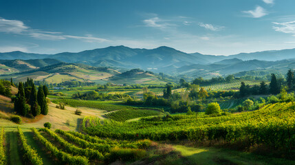 Colorful Countryside Landscape with Mountains and Fields