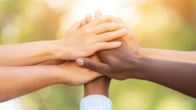 Diverse hands stacked in unity, symbolizing teamwork, collaboration, and community against a bright, sunlit bokeh background. - Powered by Adobe