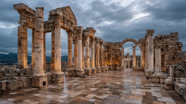 FaQra Roman Ruins, Lebanon: Ancient Stone Columns and Architectural Heritage Under Dramatic Sky - Powered by Adobe