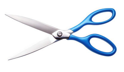 Open blue scissors isolated on transparent background, ready to cut something