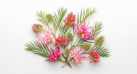 Close-up studio shot featuring vibrant pink flowers and green foliage arranged against a white background.