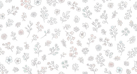 Delicate hand-drawn floral and botanical elements scattered across a clean white background, creating a whimsical and airy pattern.