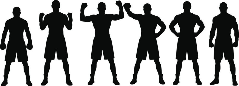 Silhouette of strong male boxer fighter, muscular man posing with fists, combat sports athlete standing in powerful stance vector illustration