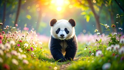 Obraz premium A fluffy black and white bear walks forward on a grassy path, framed by colorful flowers and dappled sunlight
