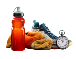 Sports Energy Drink Bottle with Running Shoes and Stopwatch, Isolated on Transparent Background