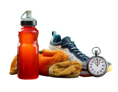 Sports Energy Drink Bottle with Running Shoes and Stopwatch, Isolated on Transparent Background