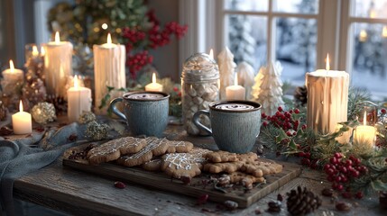 Cozy Winter Scene with Hot Chocolate, Cookies, and Candles