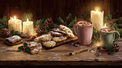 Cozy Winter Scene with Cookies, Hot Chocolate, and Candles