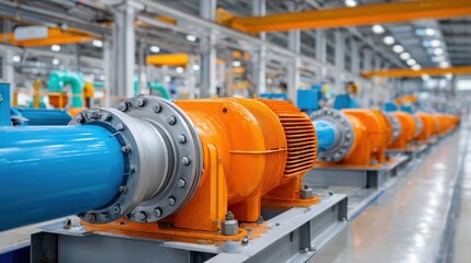 Industrial Water Pump System in Manufacturing Plant: Blue Pipes and Orange Motors for Distribution